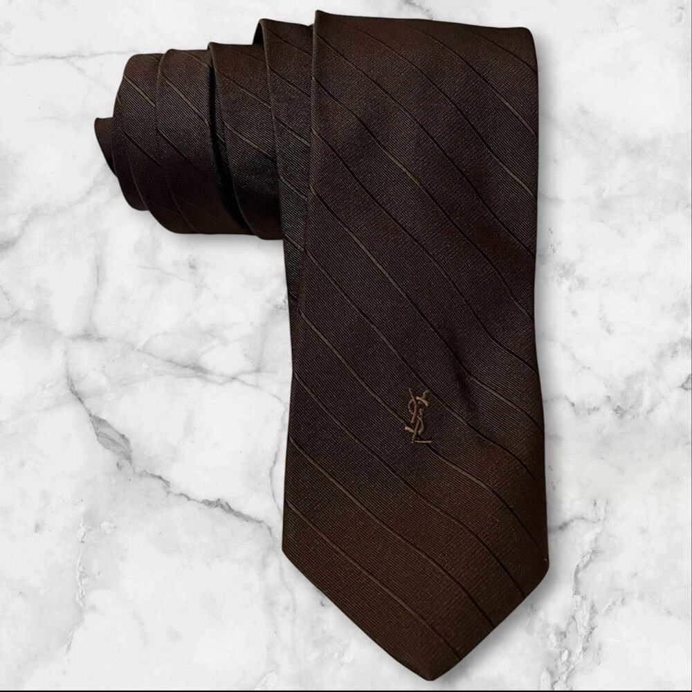 Vintage Yves Saint Laurent YSL Brown Striped Logo Tie 60”